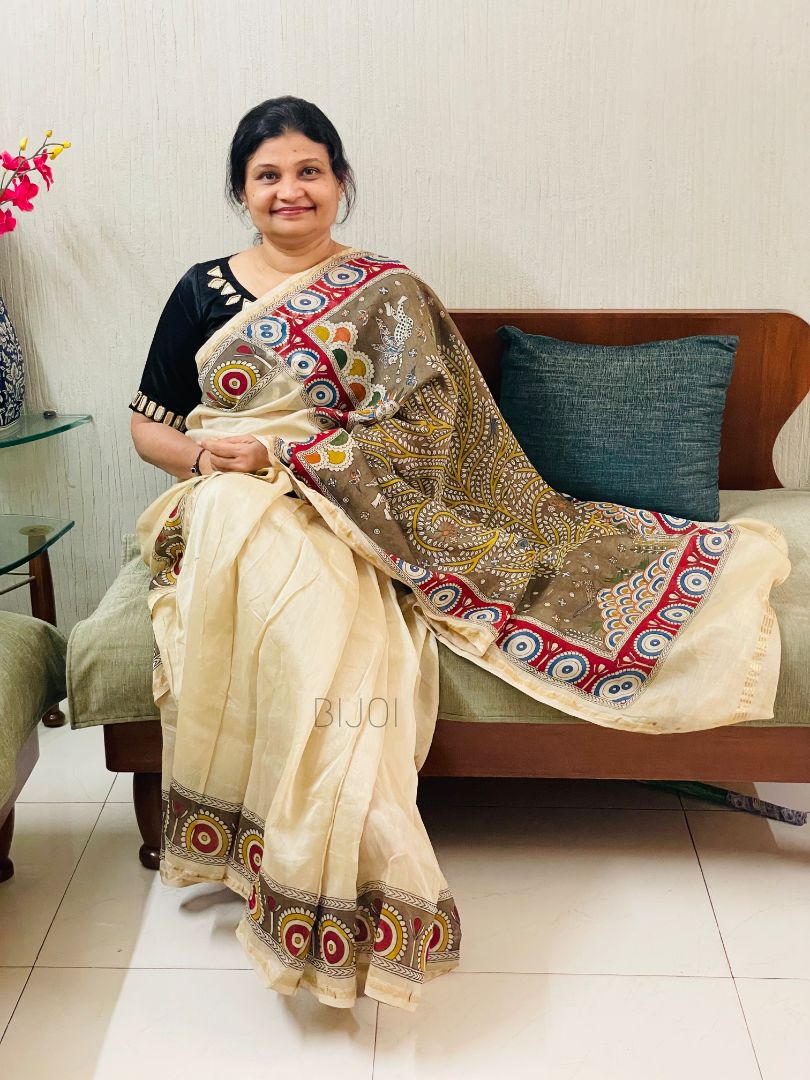 Olive branch handpainted Mata Ni Pachedi saree featuring traditional sacred motifs and intricate artisan detailing