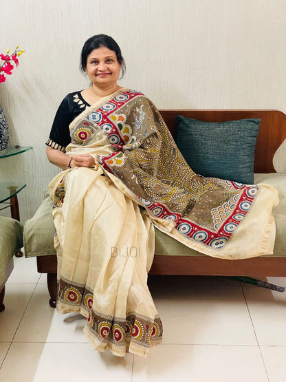 Olive branch handpainted Mata Ni Pachedi saree featuring traditional sacred motifs and intricate artisan detailing