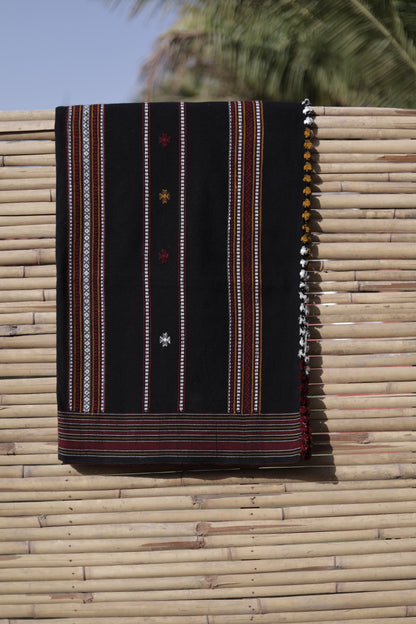 Onyx black handwoven woolen shawl featuring a deep black tone and refined artisan craftsmanship