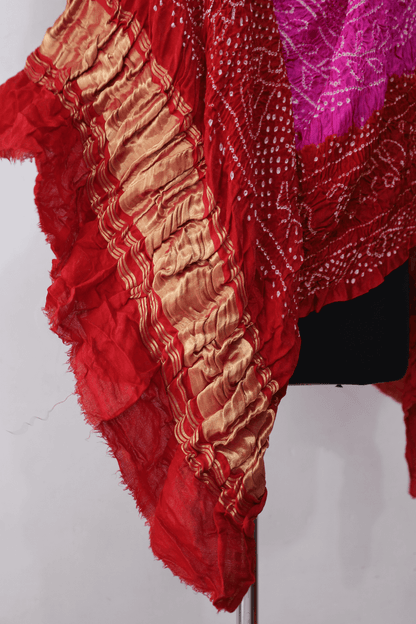 Ethnic orchid pink and red Rai Bandhej dupatta with detailed handcrafted Bandhej patterns