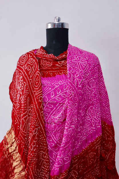 Handcrafted orchid pink and red Rai Bandhej dupatta made from premium Gajji silk fabric