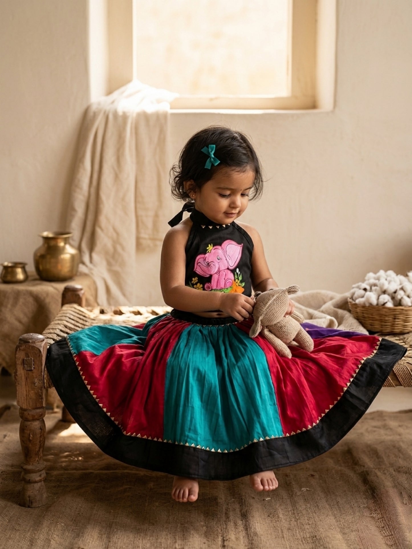 Peacock teal handmade cotton festive set for baby girl featuring traditional styling and comfortable cotton fabric