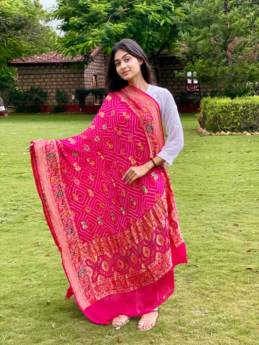Pink Bandhani georgette dupatta featuring traditional tie-dye craftsmanship and graceful drape
