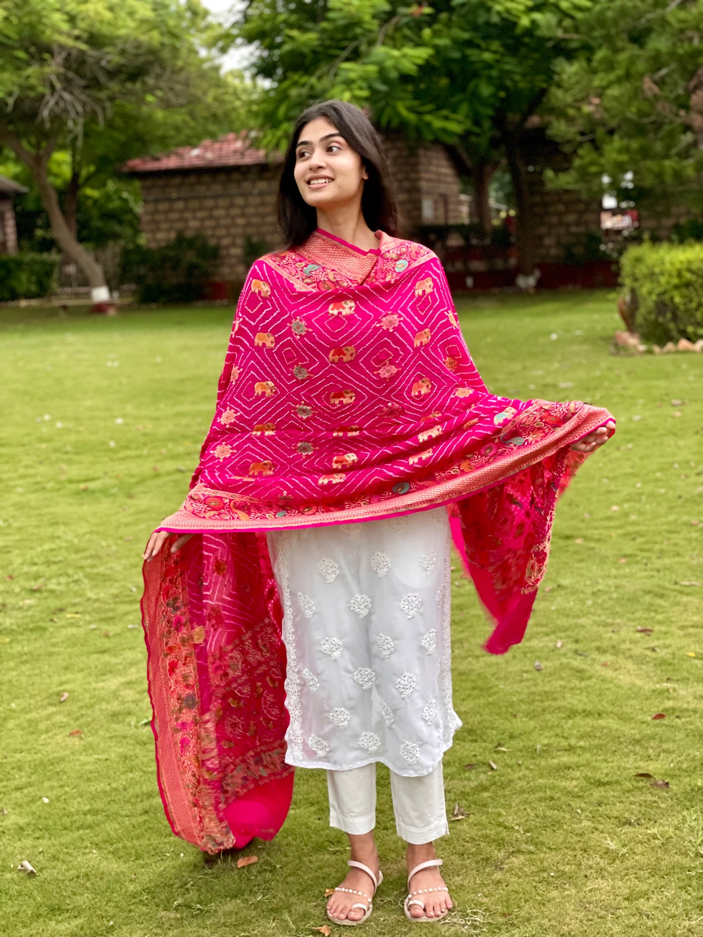 Elegant pink Bandhani georgette dupatta with soft texture and flowing silhouette