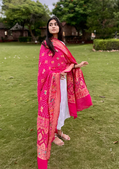 Handcrafted pink Bandhani dupatta made from lightweight georgette fabric