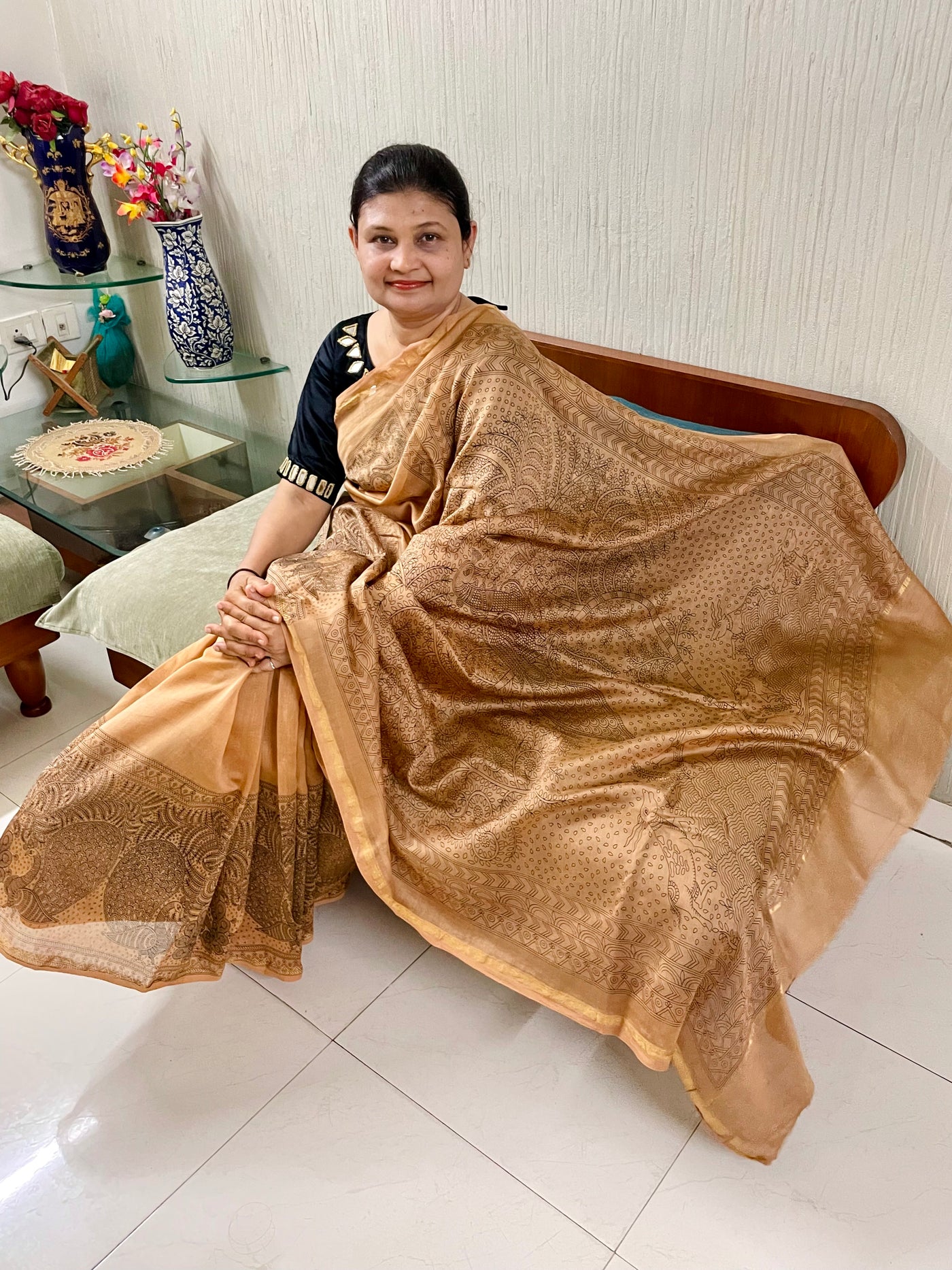 Premium ancient gold handpainted saree reflecting the cultural richness and storytelling tradition of Mata Ni Pachedi art
