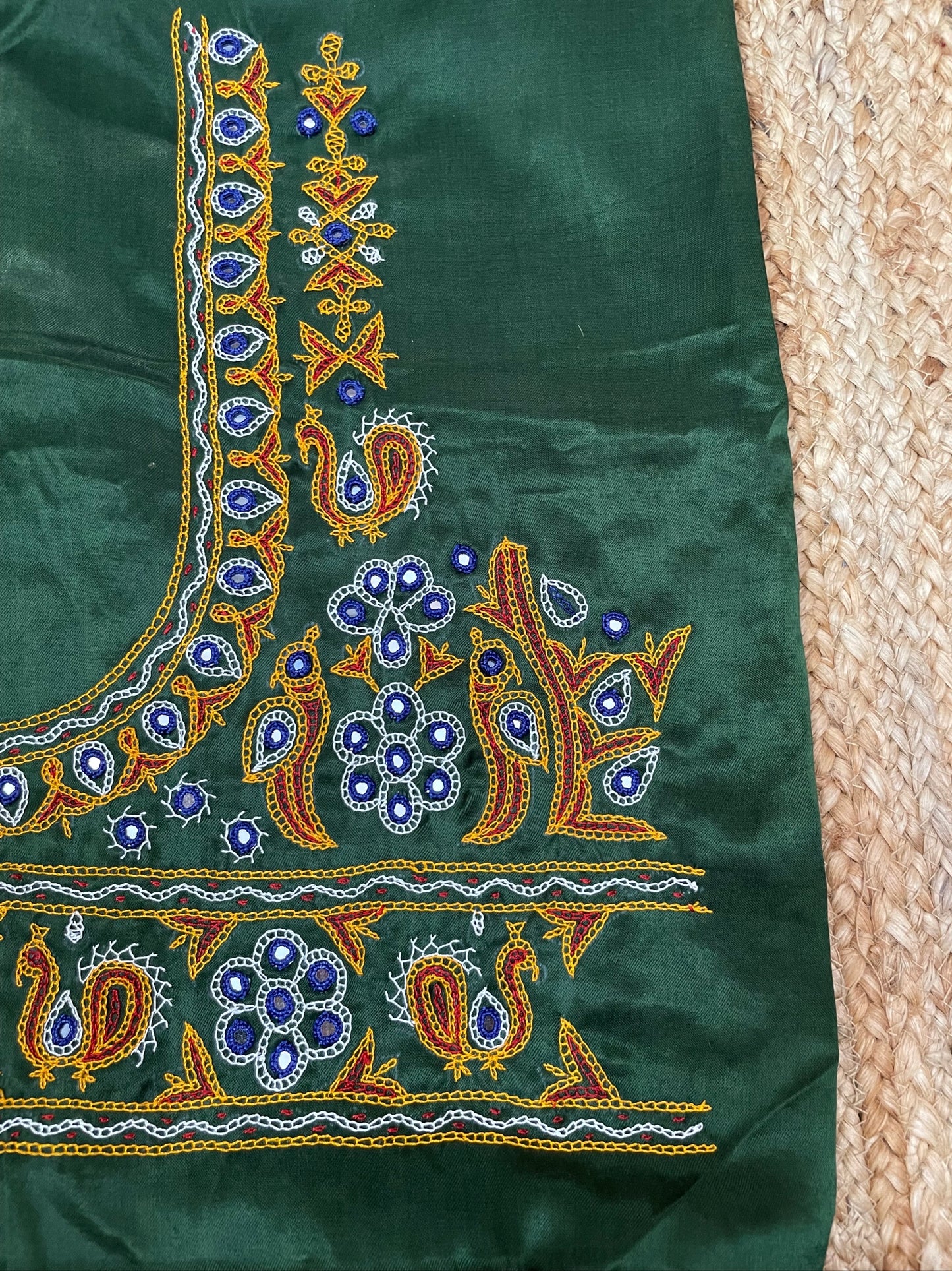 Premium bottle green embroidered blouse fabric with detailed artisan needlework