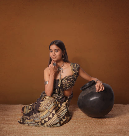 Premium chocolate brown modal silk saree showcasing authentic Ajrakh craftsmanship and timeless motifs
