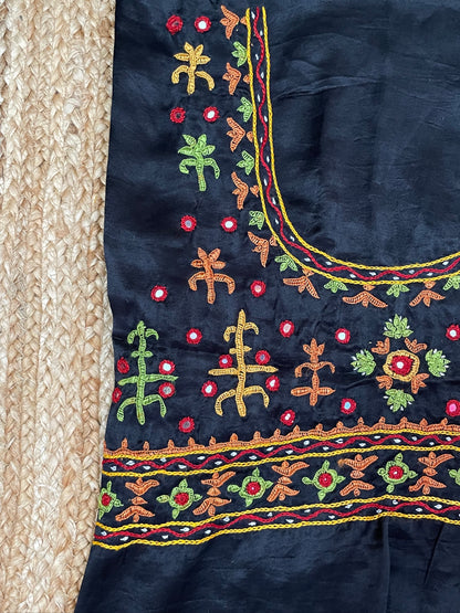 Premium deep navy embroidered blouse fabric with vibrant artisan needlework