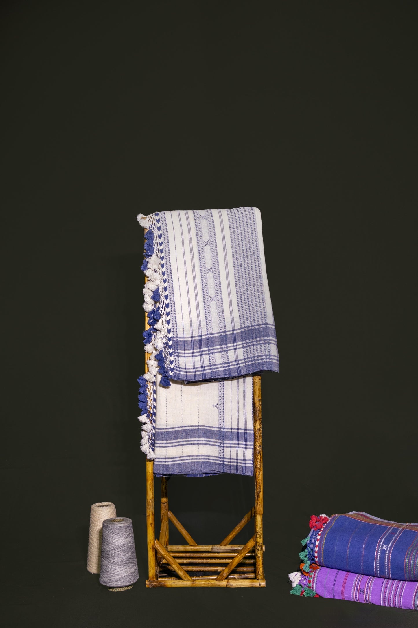 Premium denim Kala Cotton saree showcasing traditional Bhujodi textile artistry and timeless appeal