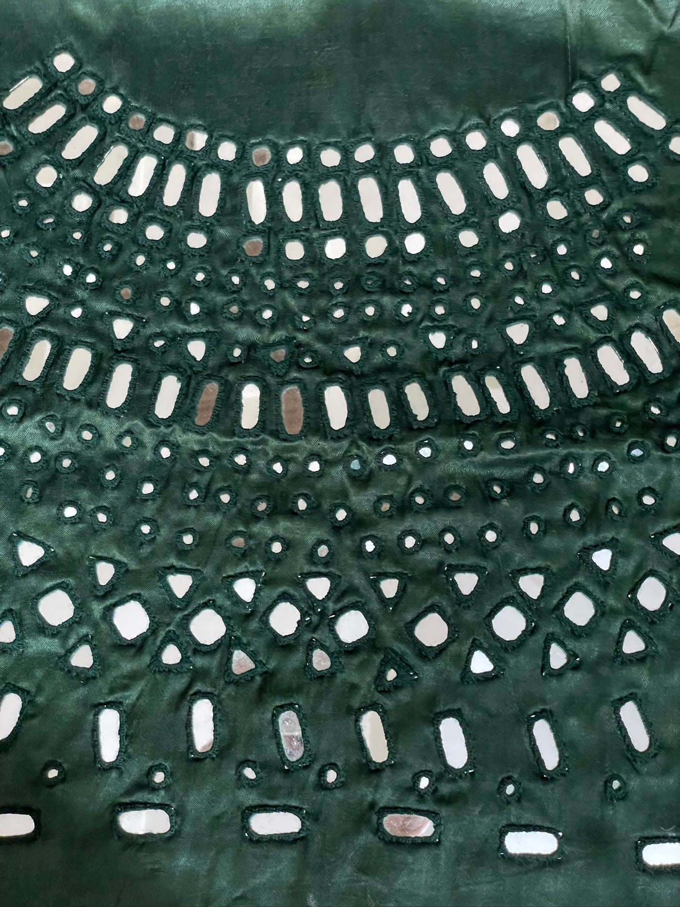 Premium forest green blouse piece adorned with decorative mirror accents