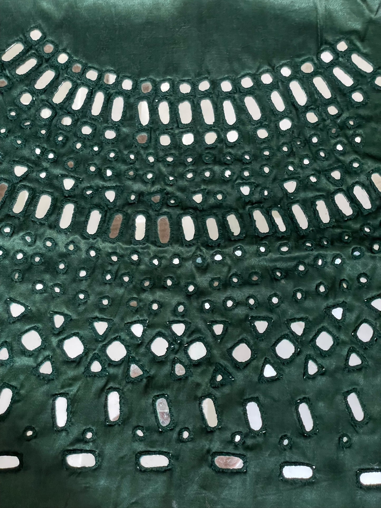 Premium forest green blouse piece adorned with decorative mirror accents