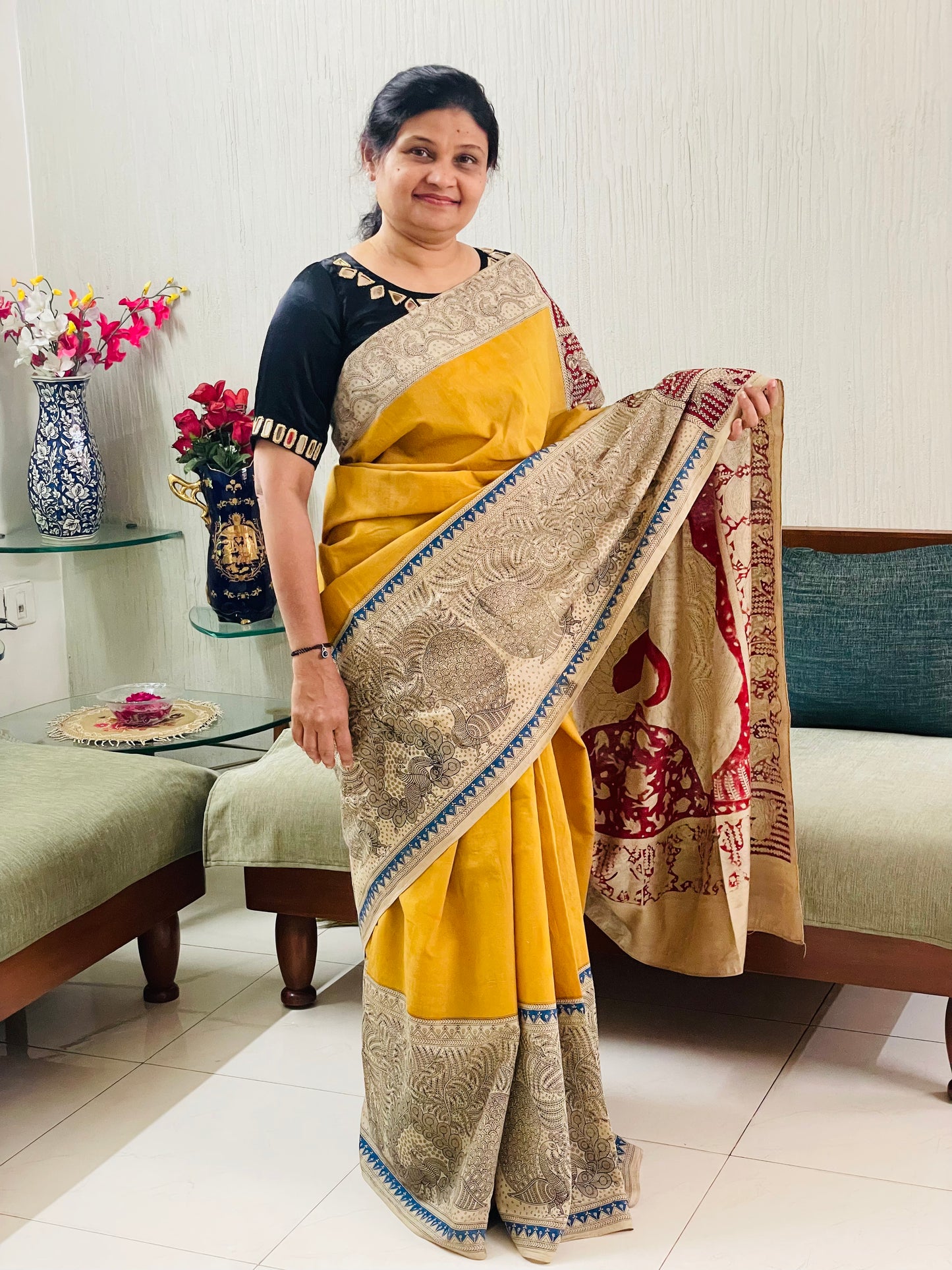 Premium golden beige handpainted saree reflecting the cultural richness and storytelling tradition of Mata Ni Pachedi art