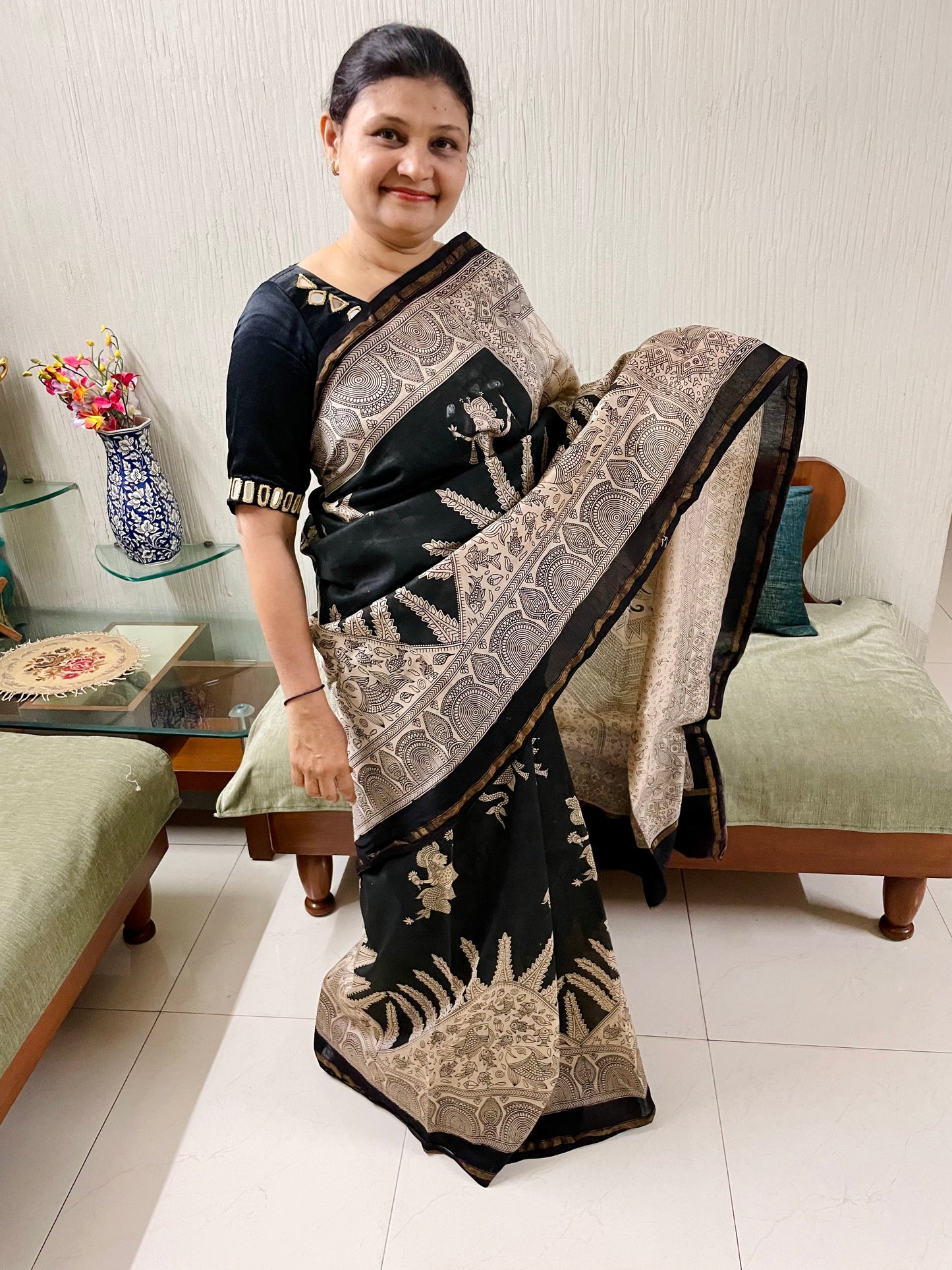 Premium midnight and grey handpainted saree reflecting the cultural richness and storytelling tradition of Mata Ni Pachedi art