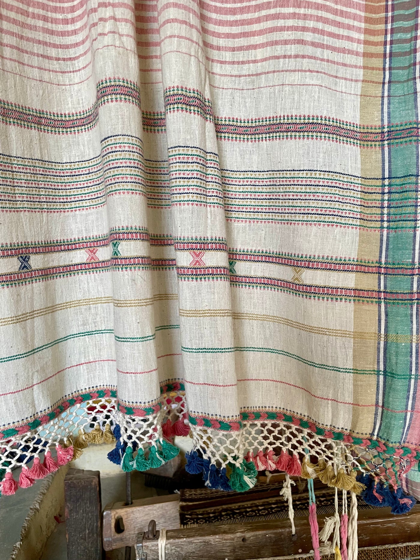 Elegant mint Bhujodi saree woven in sustainable Kala Cotton with intricate artisan detailing