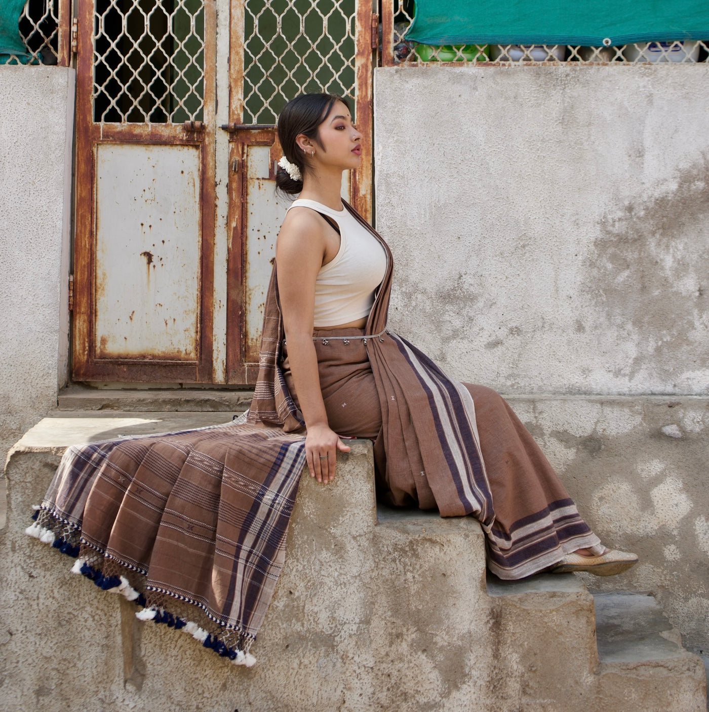 Premium mocha Kala Cotton saree showcasing traditional Bhujodi textile artistry and timeless appeal