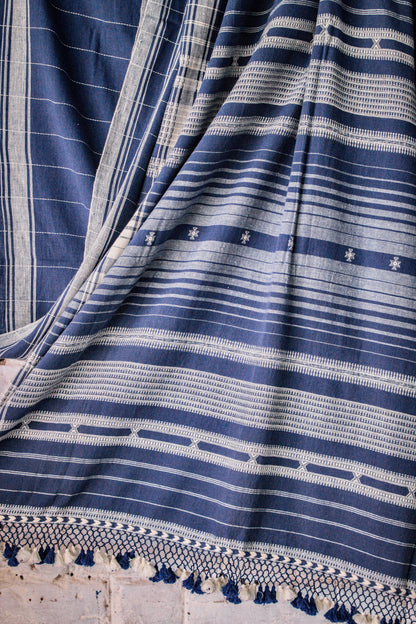 Elegant ocean Bhujodi saree woven in sustainable Kala Cotton with intricate artisan detailing