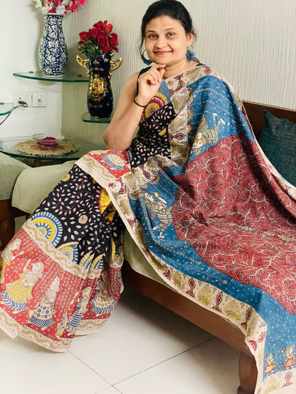 Premium ocean handpainted saree reflecting the cultural richness and storytelling tradition of Mata Ni Pachedi art