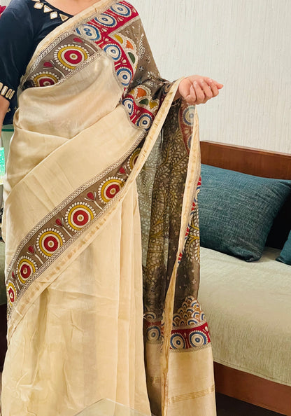 Premium olive branch handpainted saree reflecting the cultural richness and storytelling tradition of Mata Ni Pachedi art