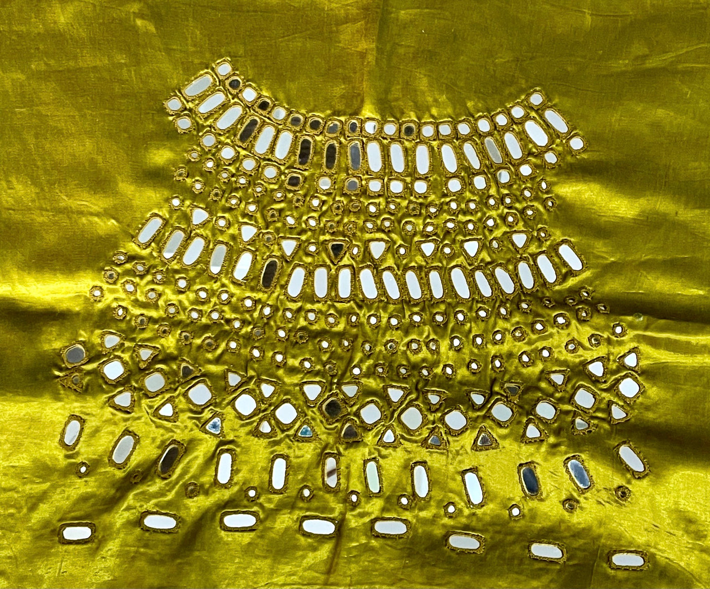 Elegant olive gold blouse piece with intricate artisan mirror work embroidery