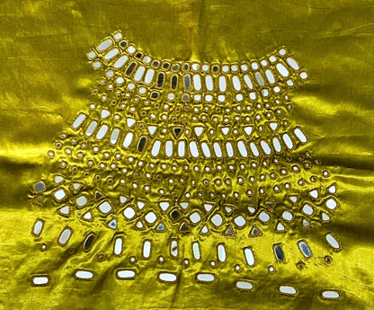 Elegant olive gold blouse piece with intricate artisan mirror work embroidery