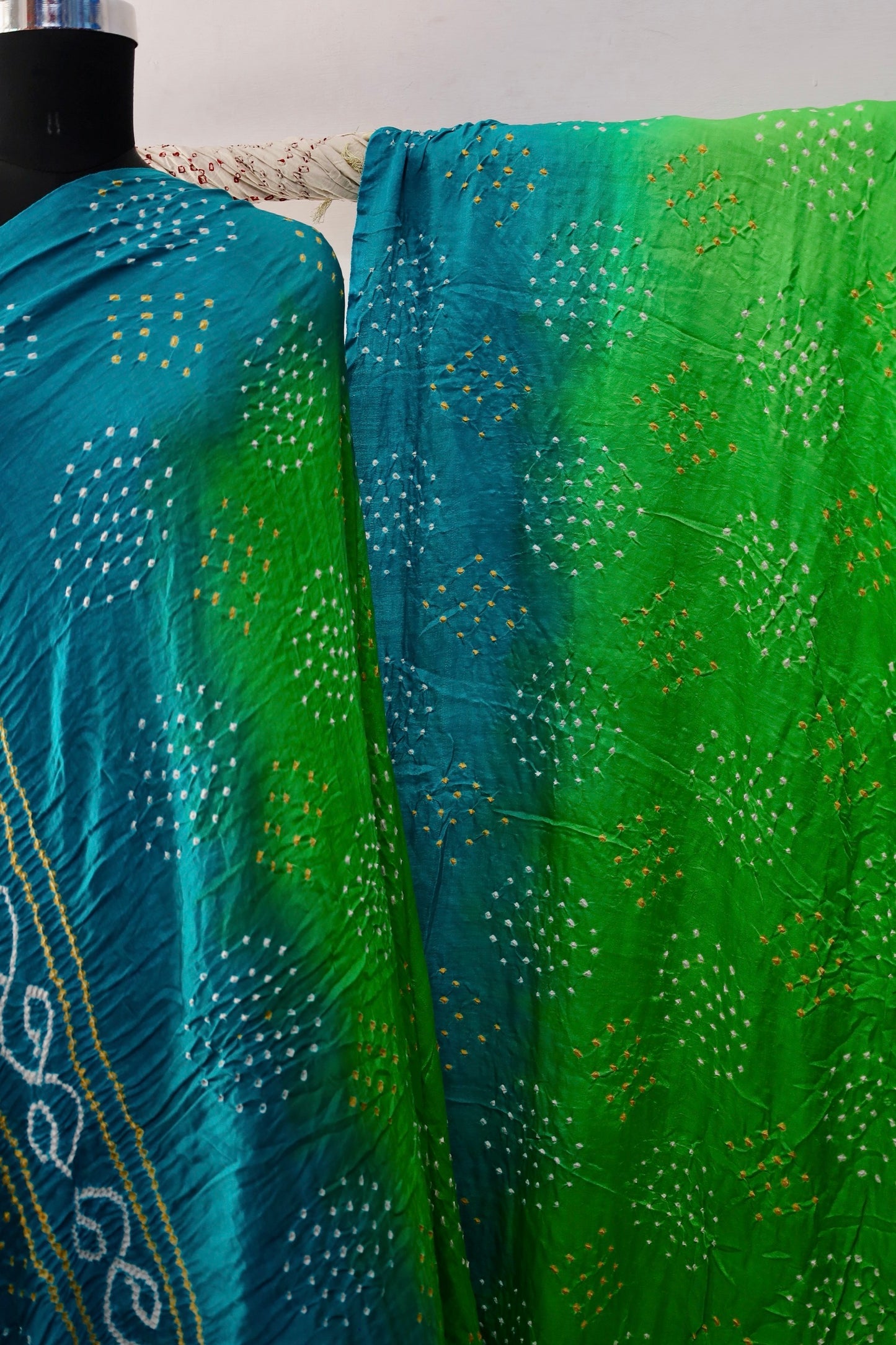 Elegant Gajji silk saree adorned with delicate Bandhani motifs and a luxurious zari pallu