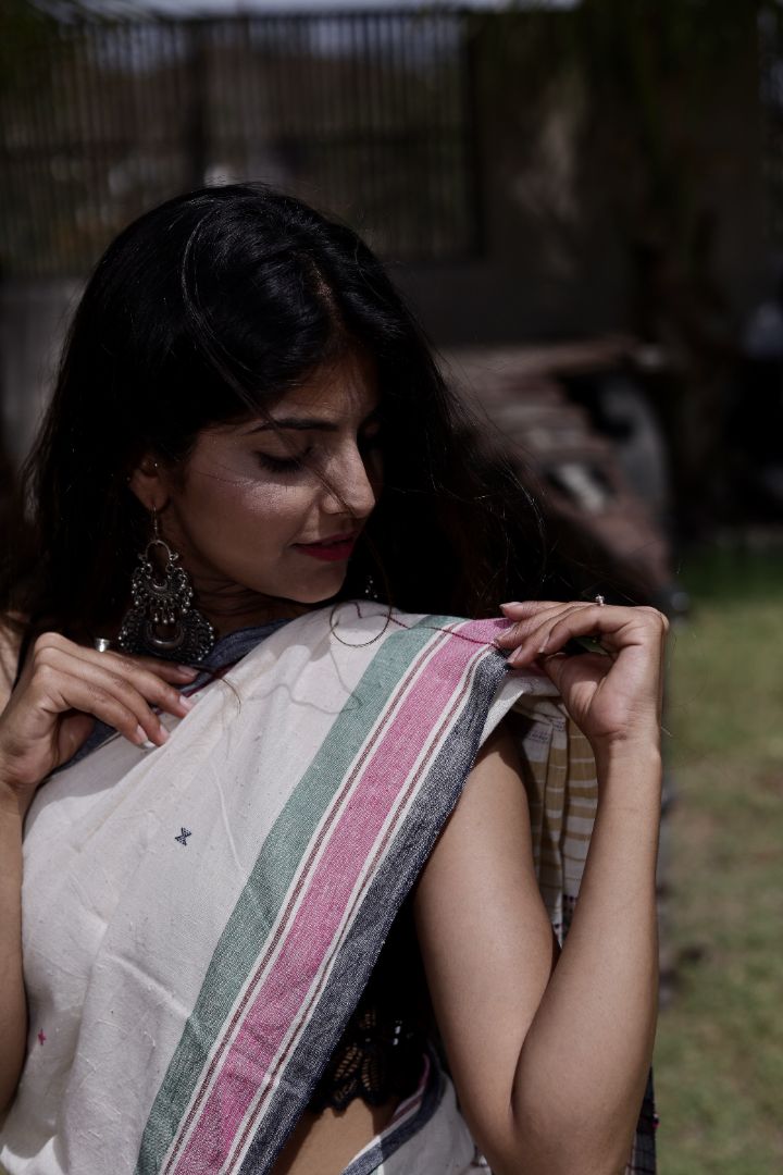 Traditional pearl Bhujodi Kala Cotton saree with rich handwoven textures and graceful drape