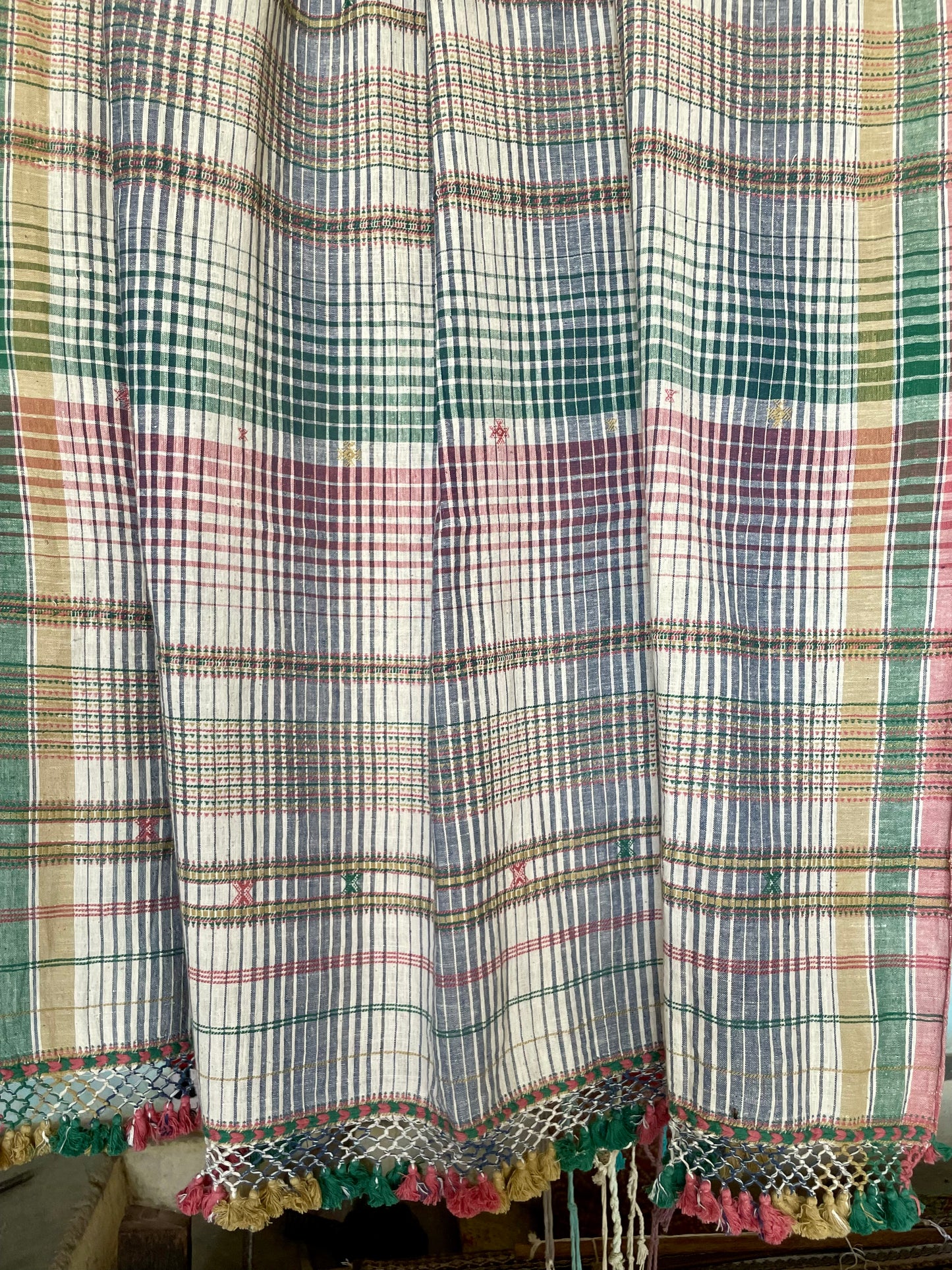Elegant pebble Bhujodi saree woven in sustainable Kala Cotton with intricate artisan detailing