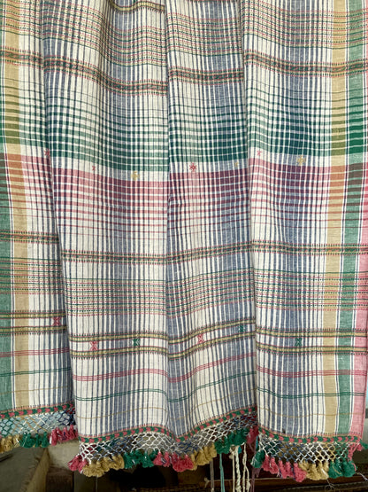 Elegant pebble Bhujodi saree woven in sustainable Kala Cotton with intricate artisan detailing