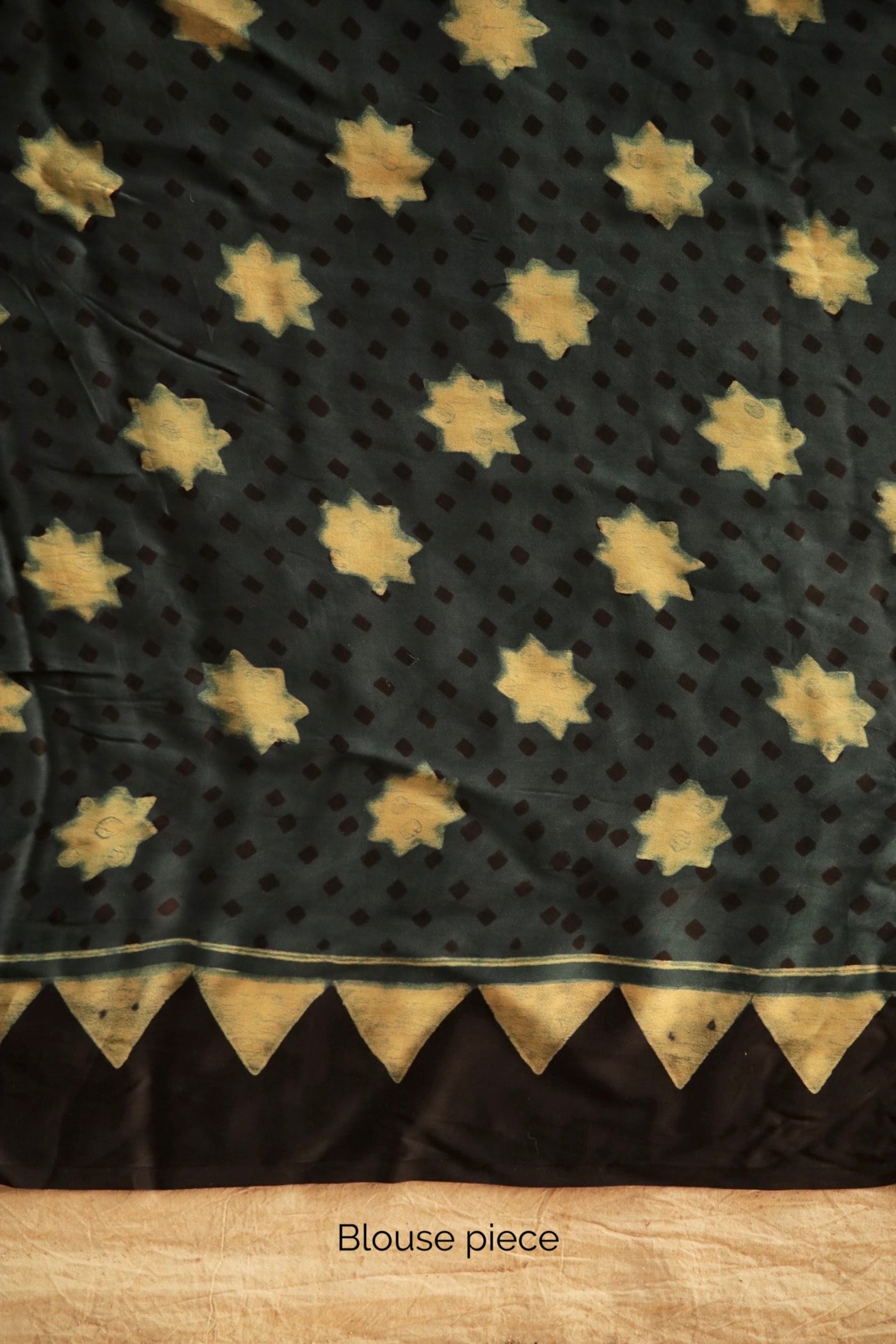 Premium pine green modal silk saree showcasing authentic Ajrakh hand block printing techniques