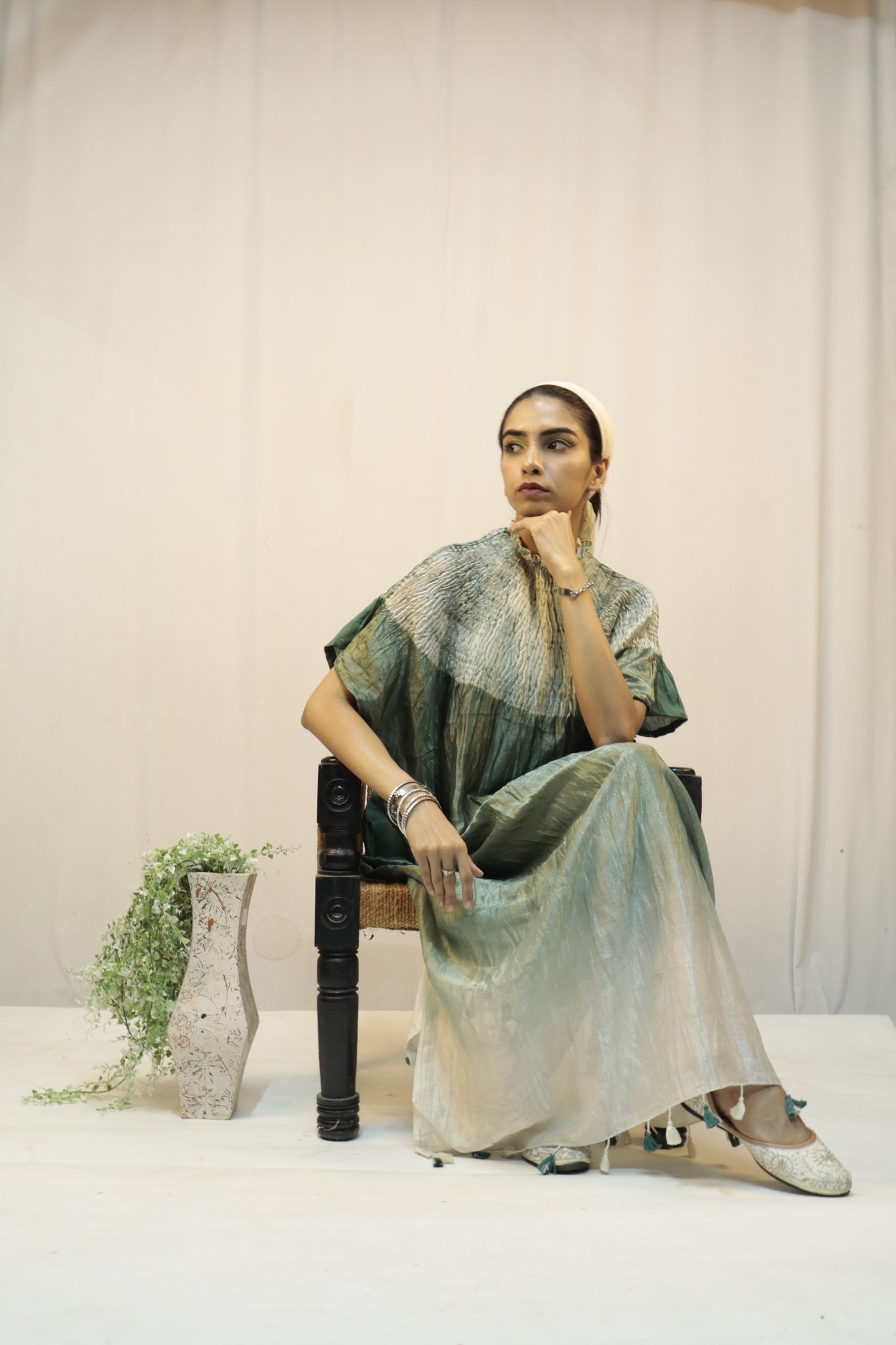 Premium silk kaftan in sea fern tones adorned with detailed Bandhani Shibori patterns