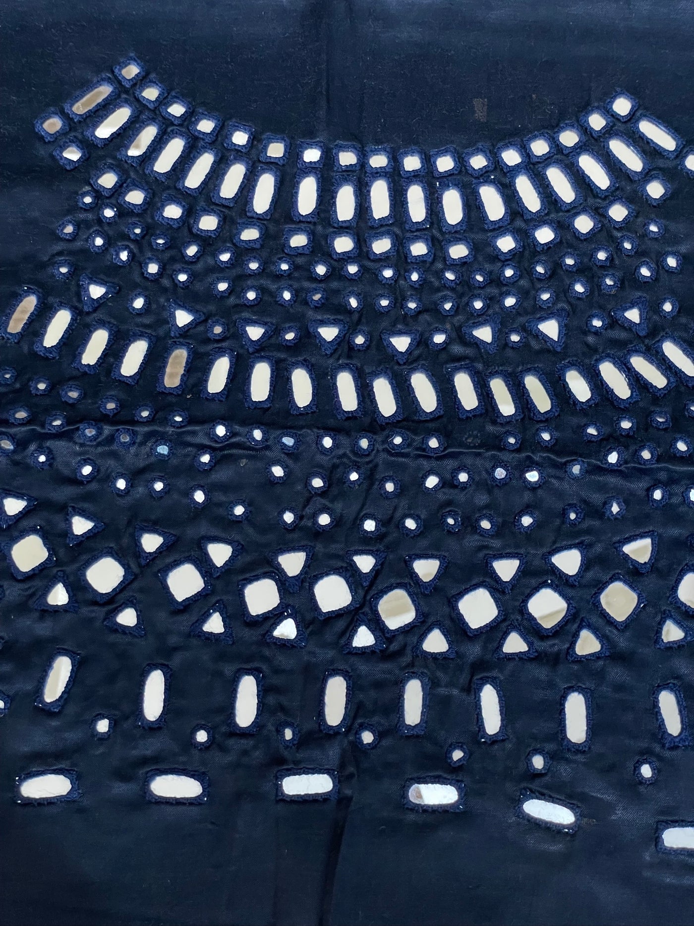 Traditional steel blue blouse fabric featuring authentic mirror work detailing