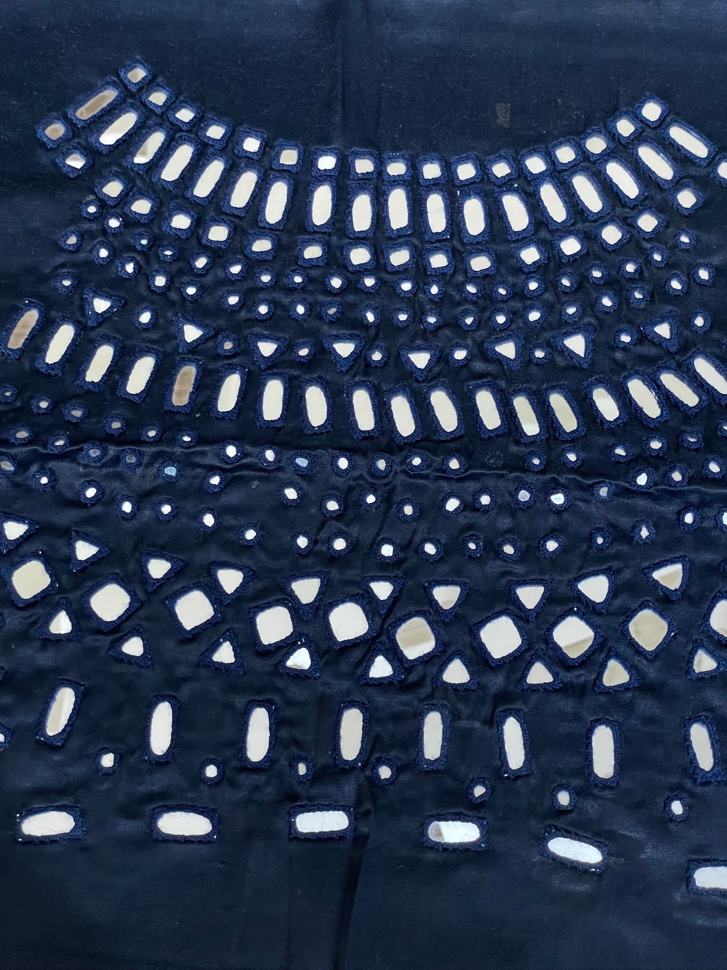 Traditional steel blue blouse fabric featuring authentic mirror work detailing
