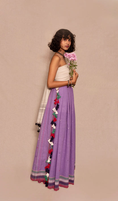 Premium violet Kala Cotton saree showcasing traditional Bhujodi textile artistry and timeless appeal