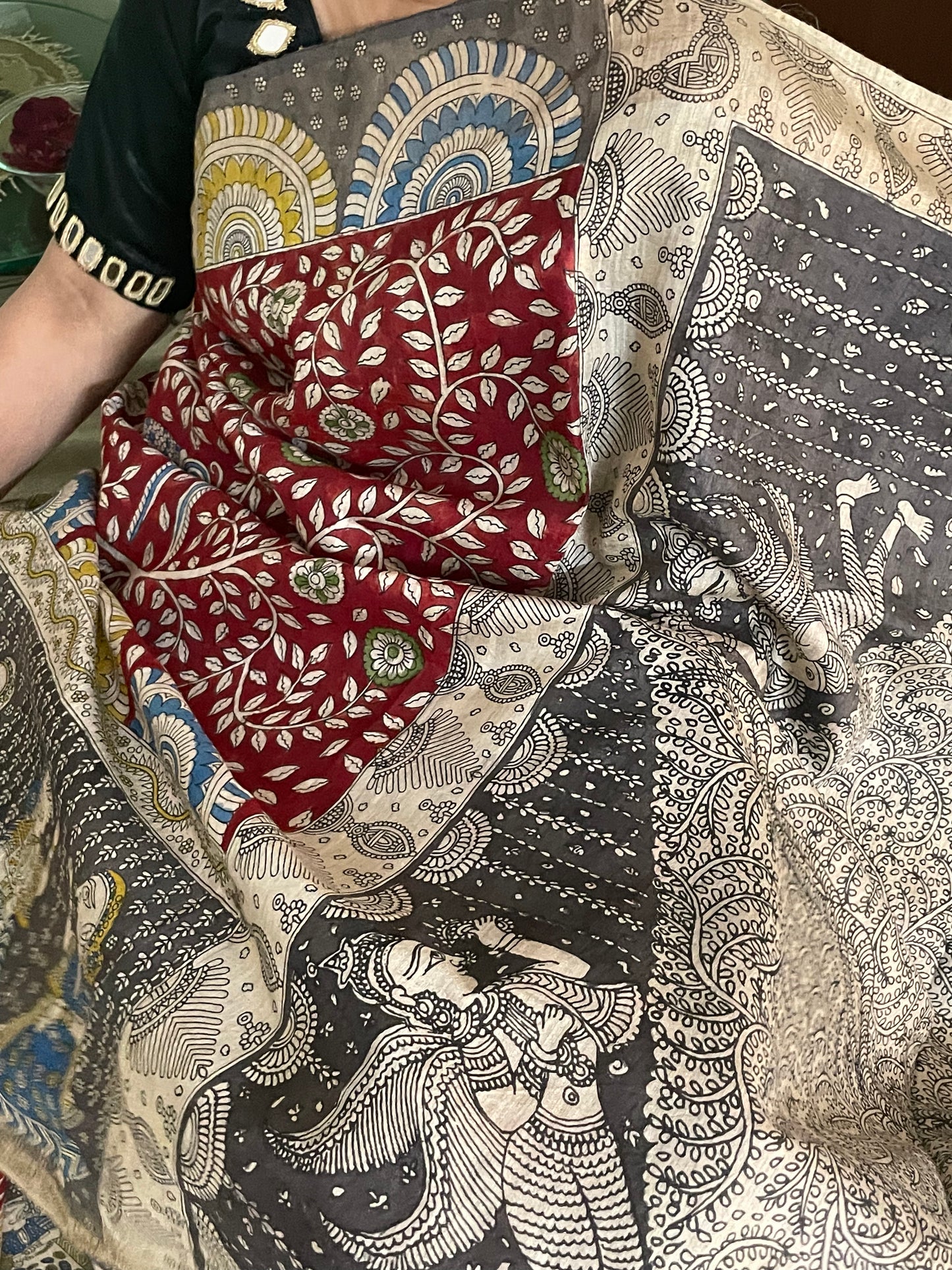 Premium Grey Handpainted Mata Ni Pachedi Saree