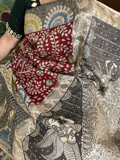 Premium Grey Handpainted Mata Ni Pachedi Saree