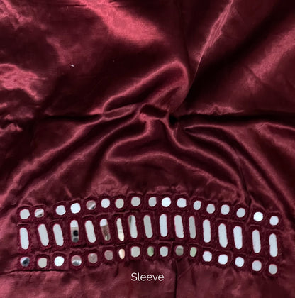 Traditional wine burgundy blouse fabric featuring authentic mirror work detailing