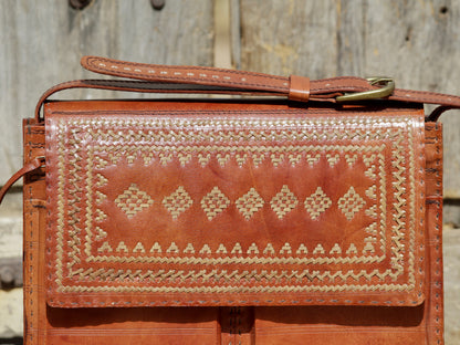 Leather office bag featuring intricate thread work on premium handcrafted leather