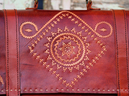 Leather office bag featuring intricate thread work on premium handcrafted leather