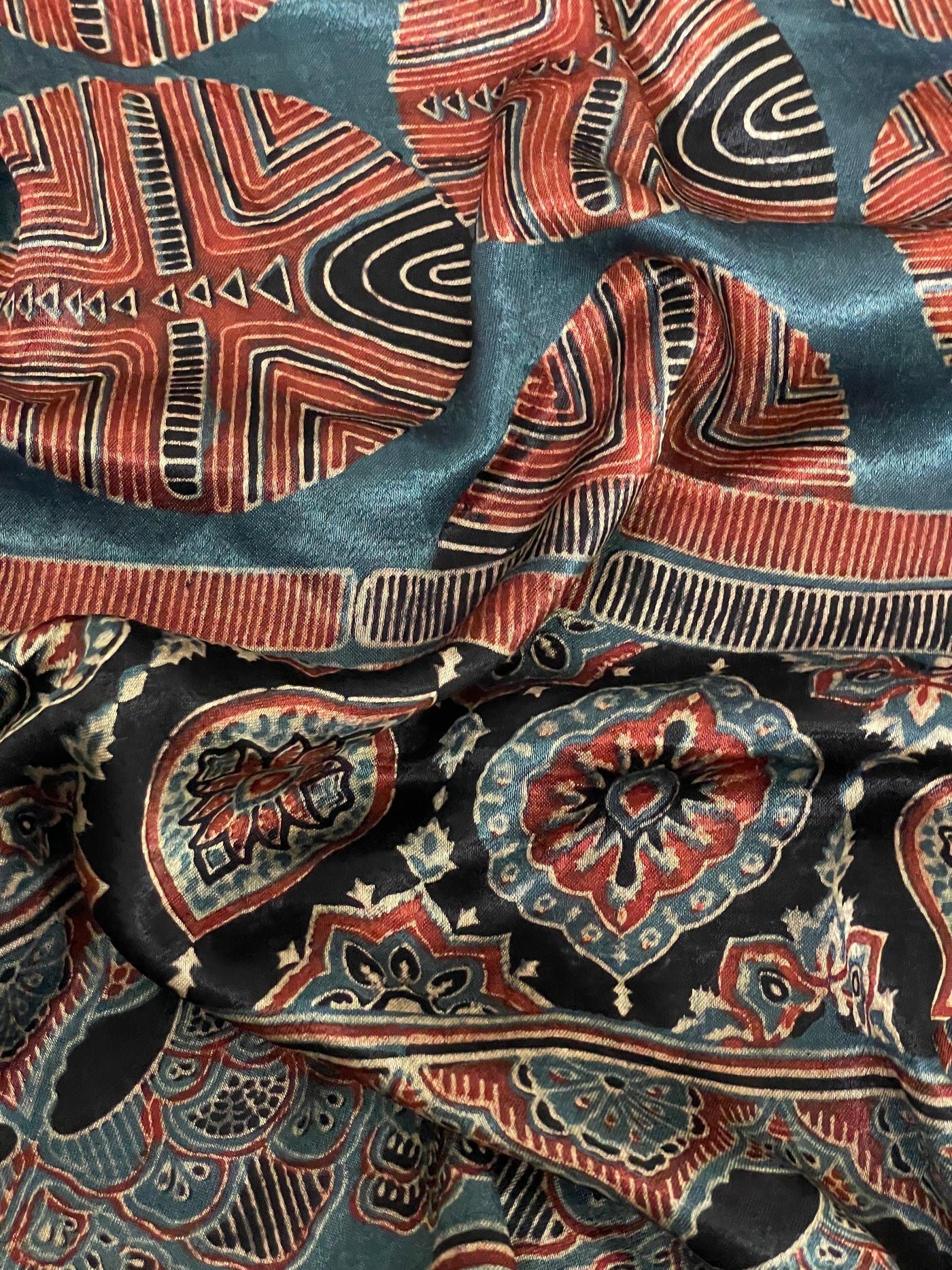 Premium ocean blue Ajrakh stole with heritage block print motifs and luxurious texture