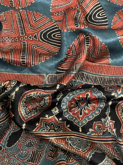 Premium ocean blue Ajrakh stole with heritage block print motifs and luxurious texture