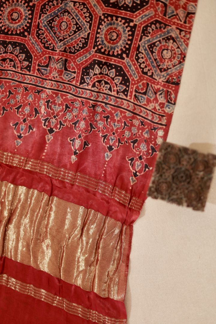 Premium crimson red Ajrakh modal silk dupatta with heritage block prints and ornate Lagdi Patta work