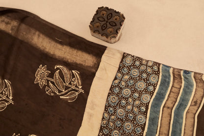 Premium espresso brown Ajrakh dupatta with heritage block print motifs and luxurious texture