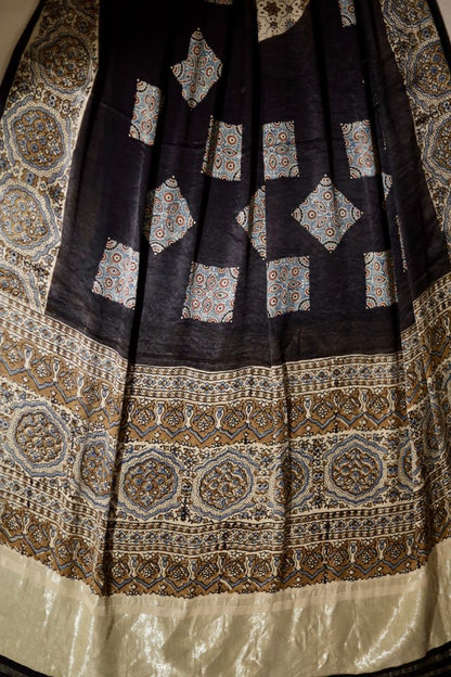 Ethnic natural black modal silk dupatta adorned with Ajrakh patterns and Lagdi Patta accents