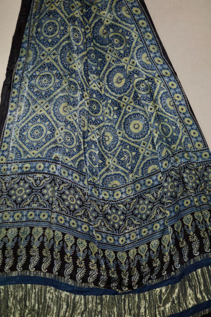 Handcrafted olive blue Ajrakh dupatta made from premium modal silk with traditional Lagdi Patta detailing