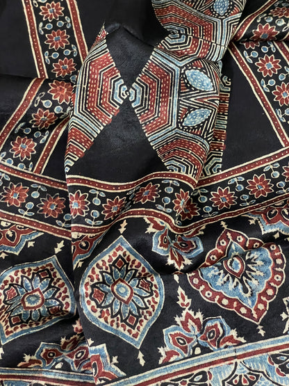 Premium rust black Ajrakh stole with heritage block print motifs and luxurious texture
