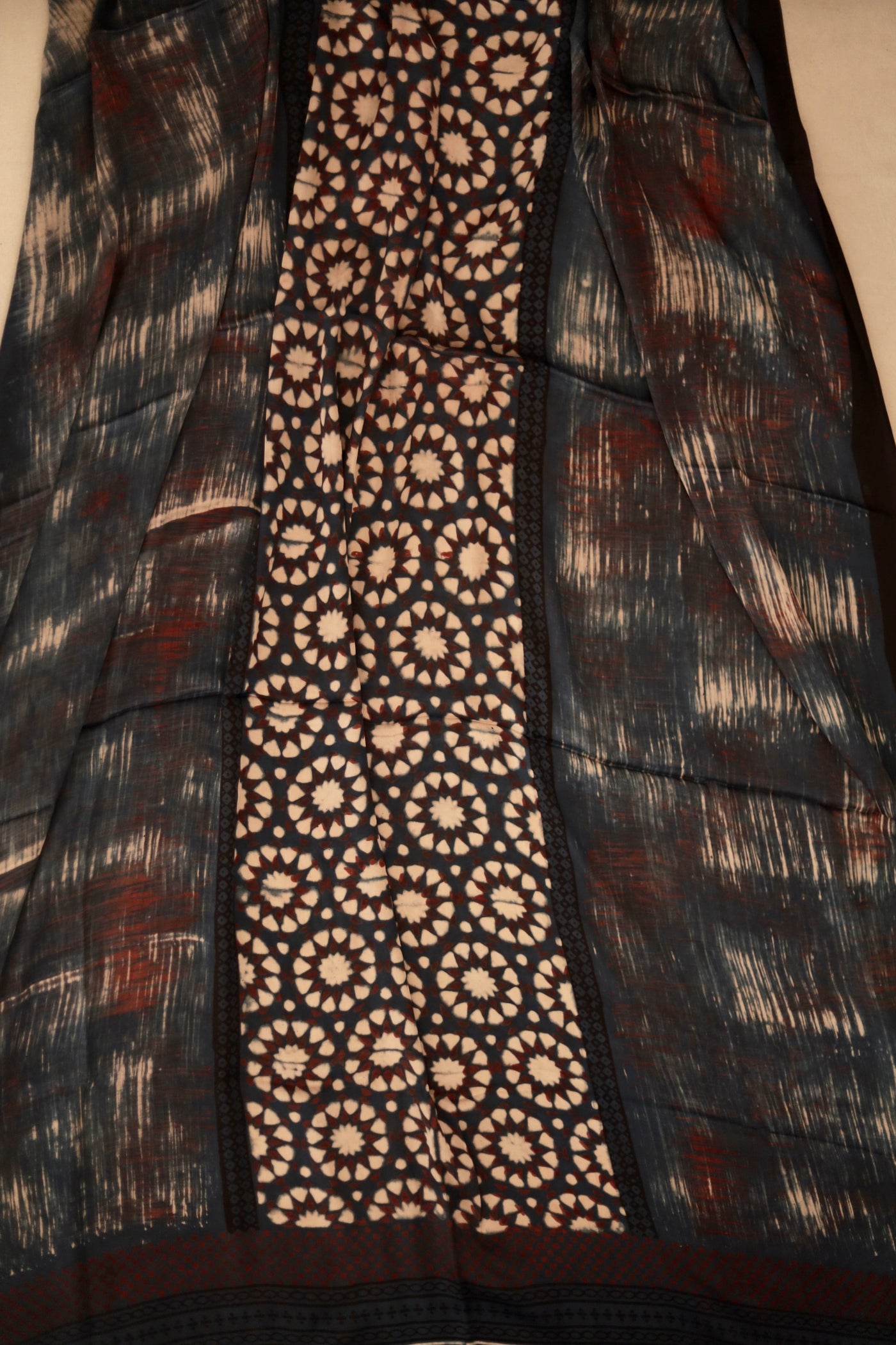 Premium smoky Ajrakh dupatta with heritage block print motifs and luxurious texture