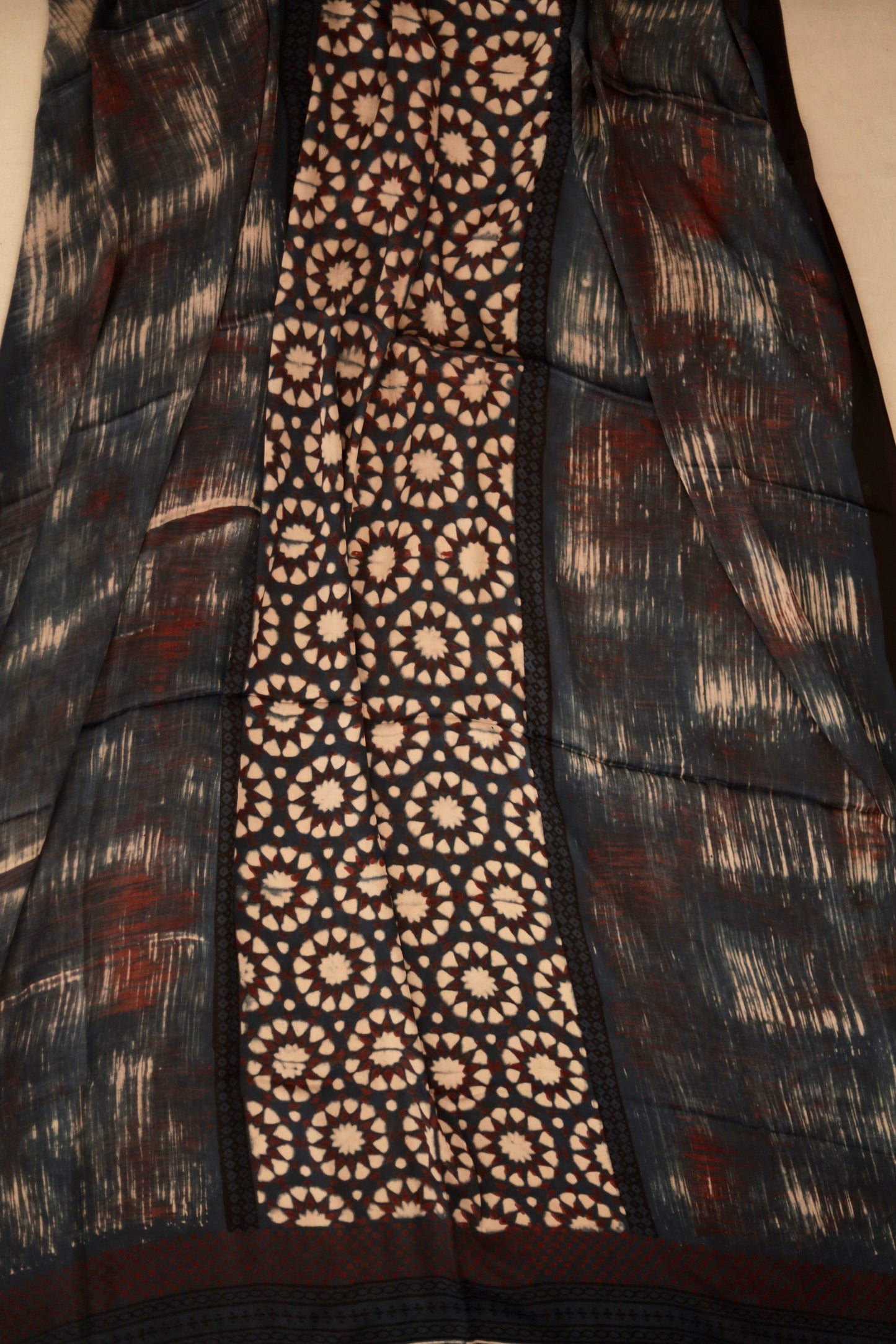 Premium smoky Ajrakh dupatta with heritage block print motifs and luxurious texture