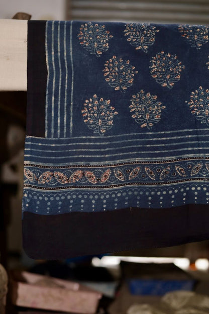Lightweight indigo blue Ajrakh dupatta with heritage block print motifs and elegant drape
