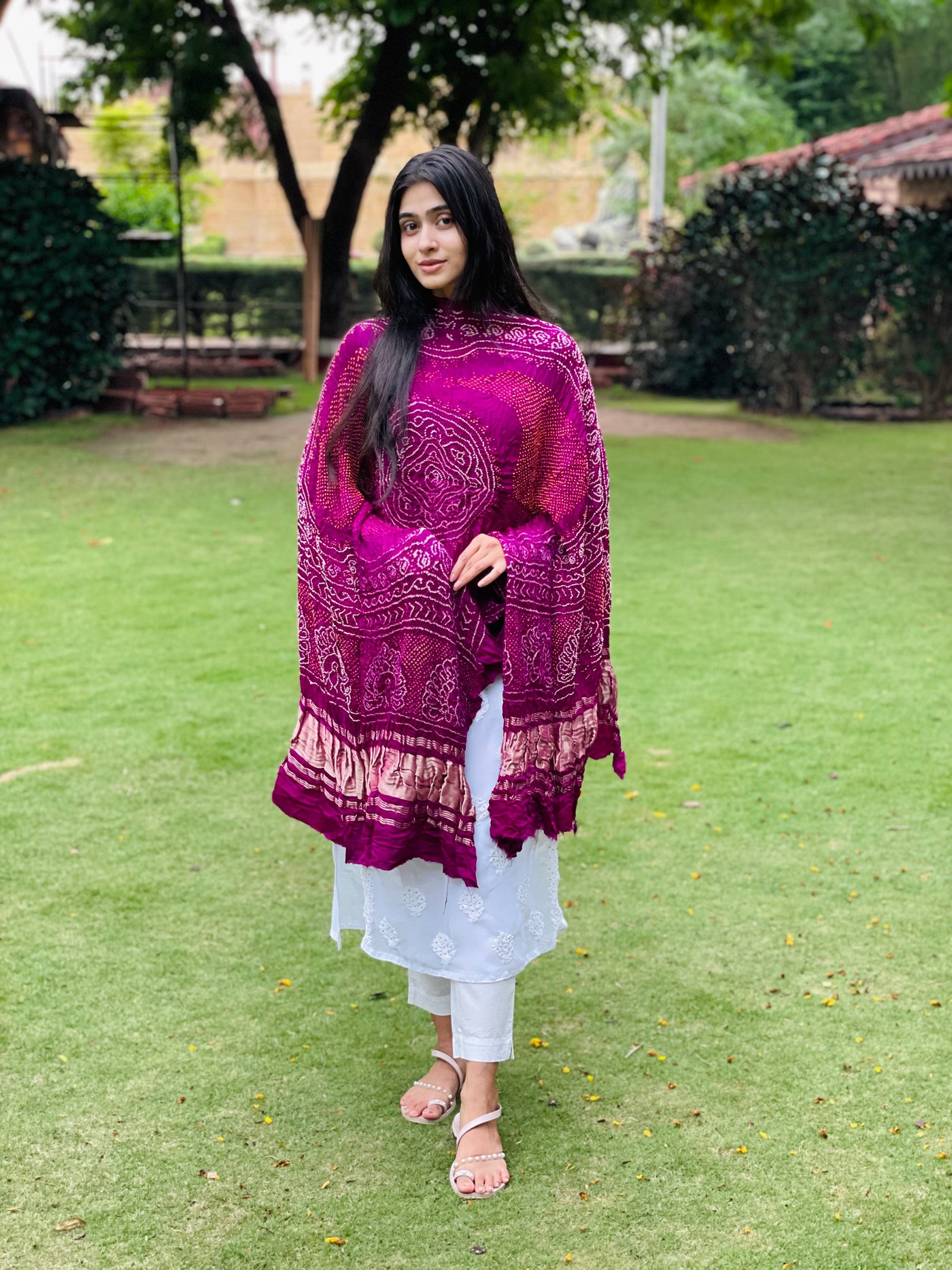 Ethnic Rani pink Gajji silk dupatta showcasing authentic Bandhani artistry